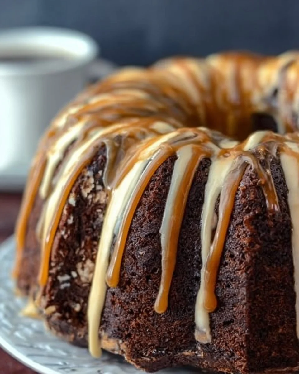 Delicious Salted Caramel Mocha Bundt Cake topped with caramel drizzle