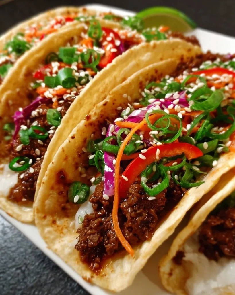 Savory Korean Beef Tacos topped with fresh vegetables and sauces