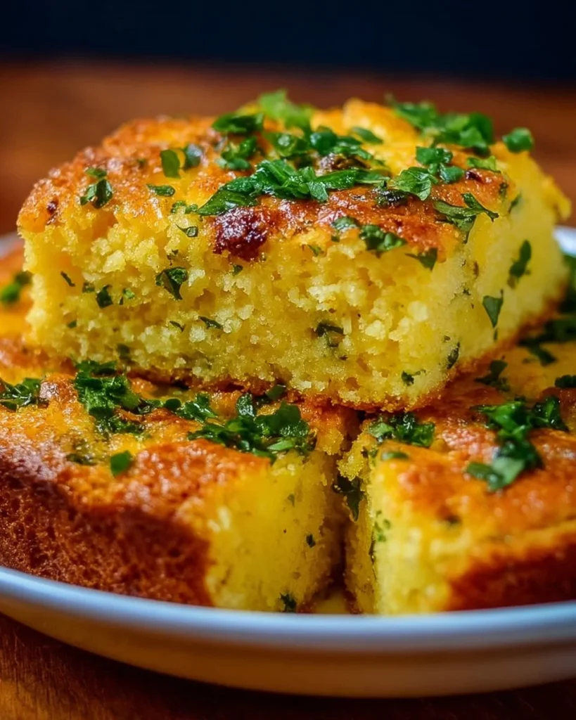 Savory loaded cornbread topped with cheese, jalapeños, and herbs