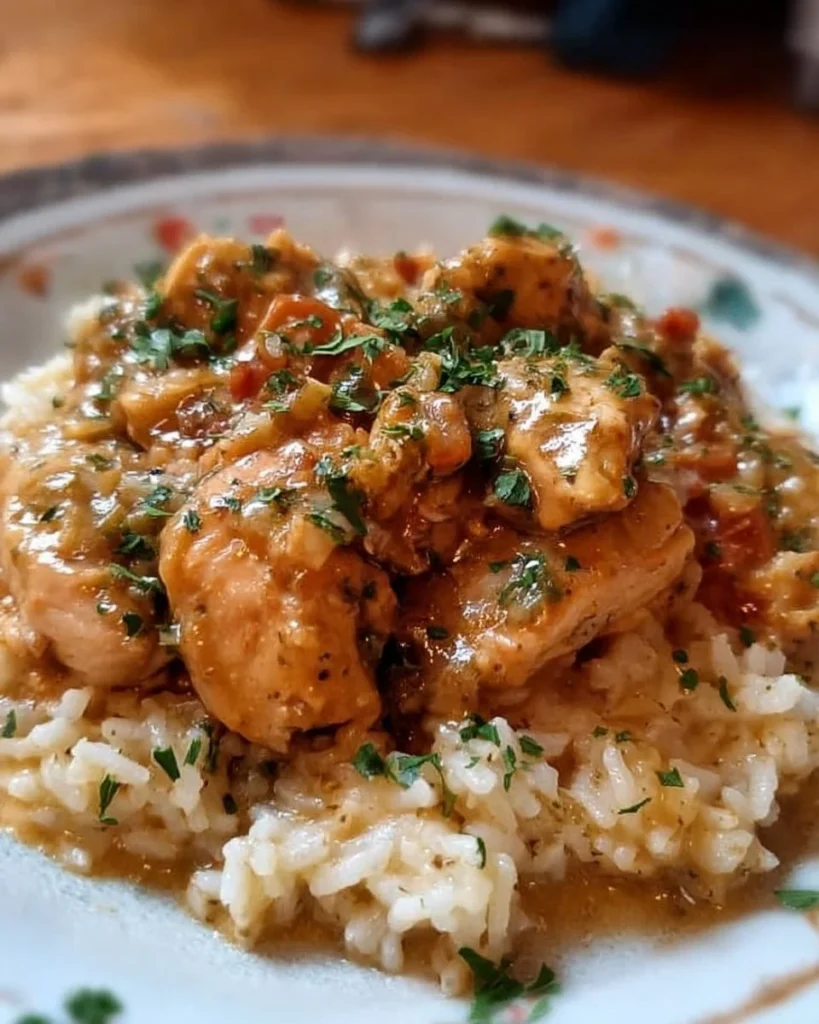 Delicious Southern-style smothered chicken served over rice in a bowl.