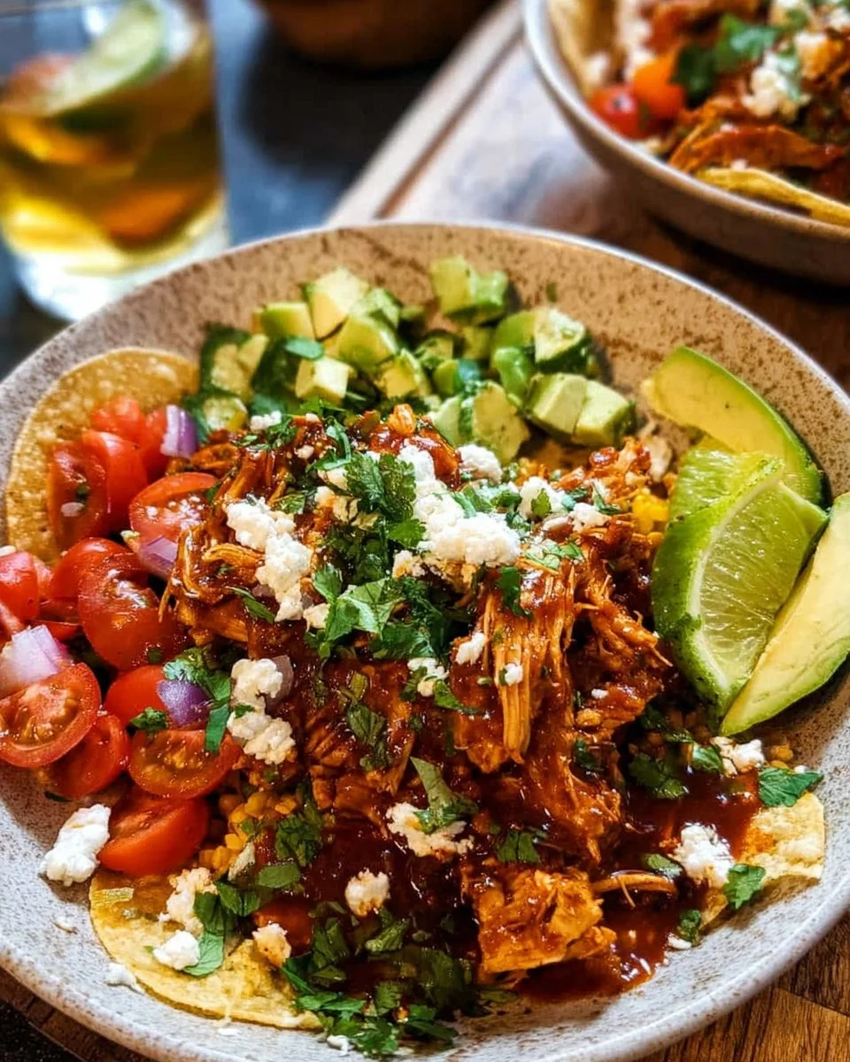 Delicious Sheet Pan Chicken Tinga Bowls topped with fresh cilantro and avocado.