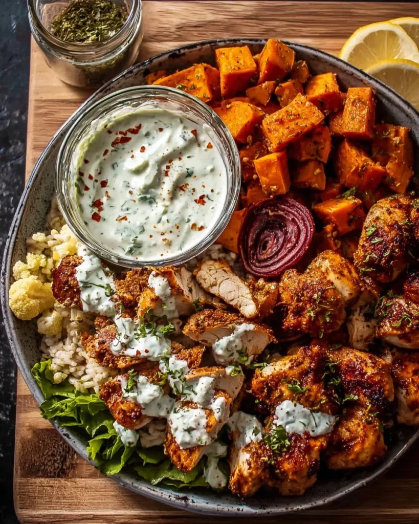 Sheet pan chicken tzatziki served with roasted sweet potatoes