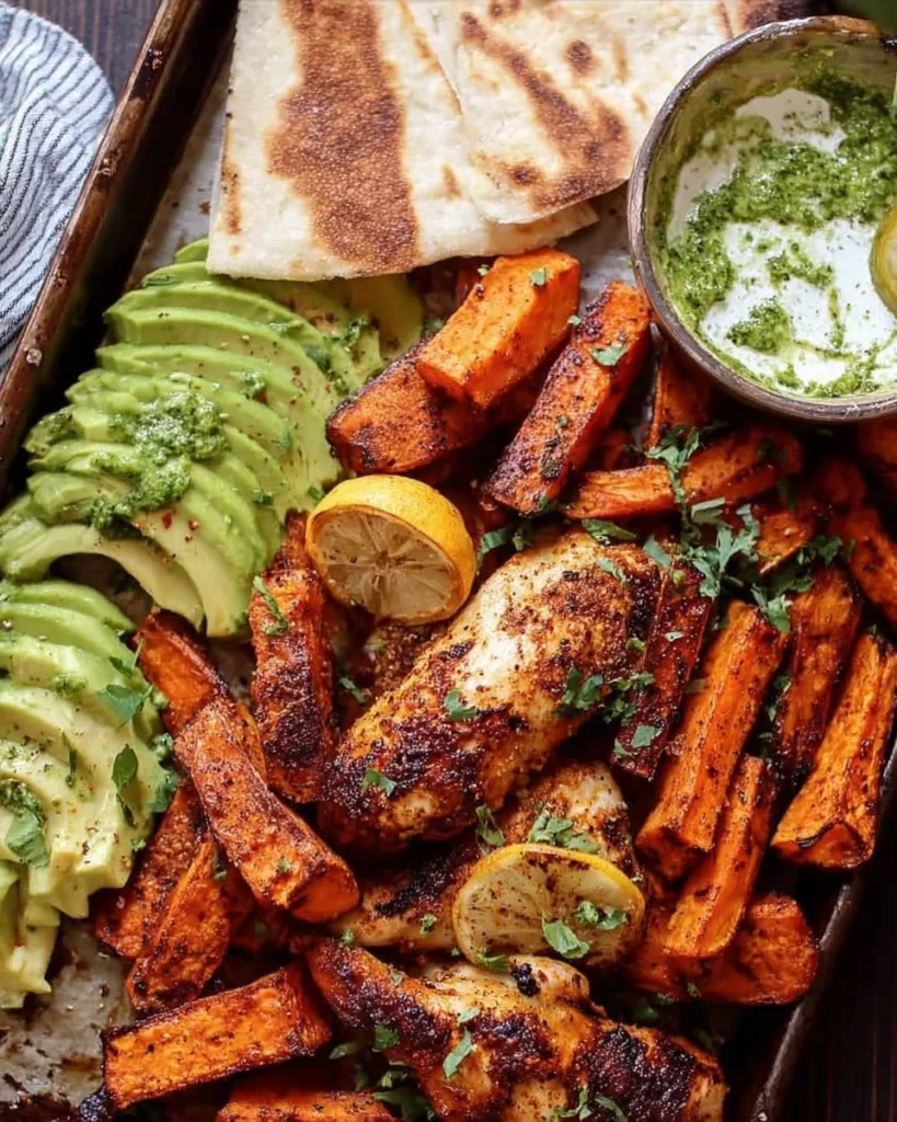 Sheet Pan Lemon Chicken served with Sweet Potatoes and Avocado on a white plate
