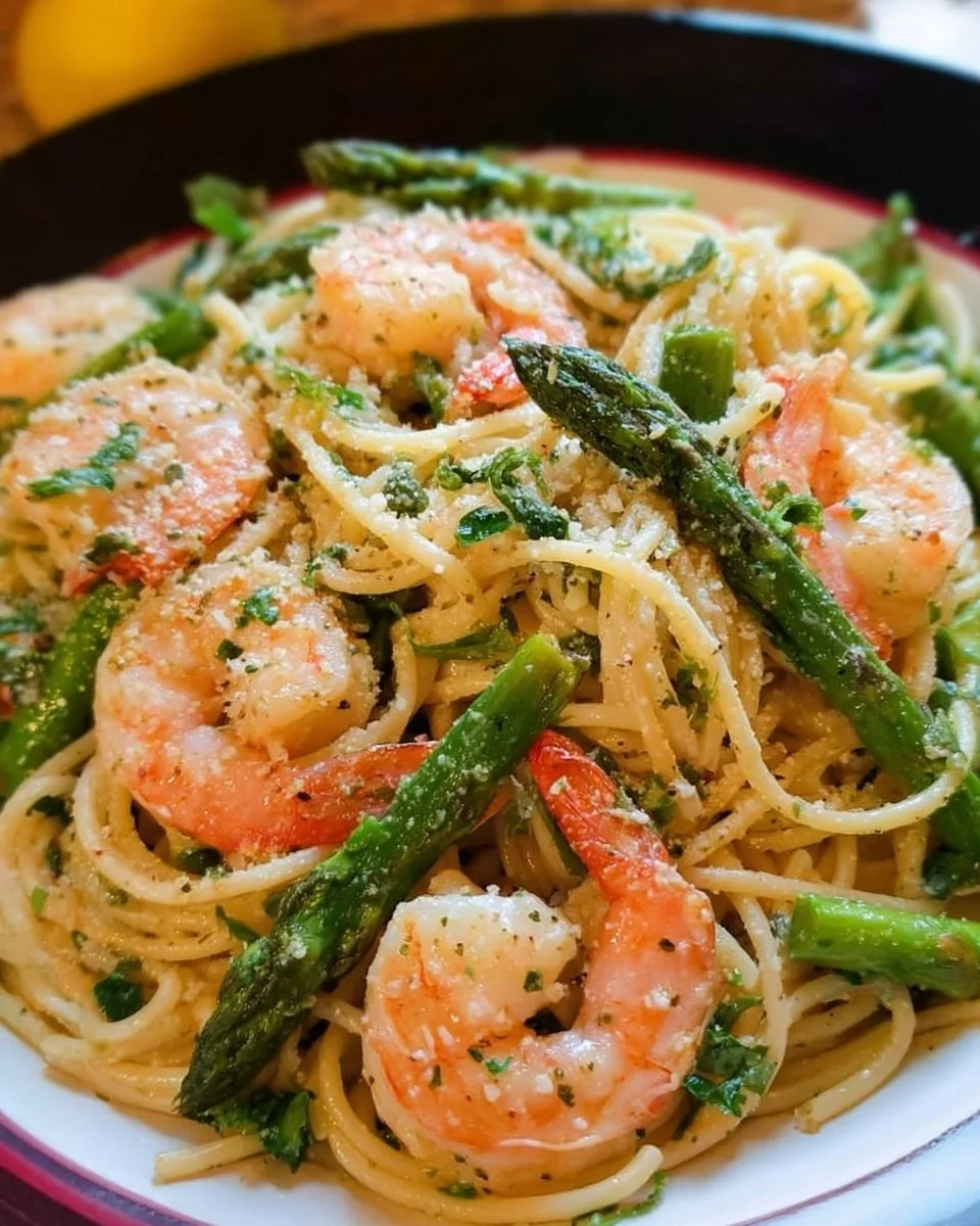 Shrimp scampi pasta with asparagus garnished with parsley on a white plate
