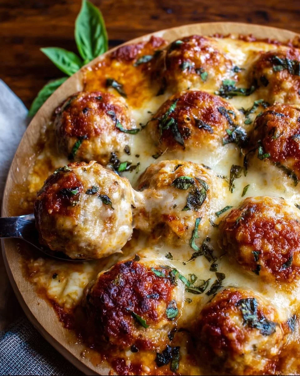 Baked cheesy Italian chicken meatballs served in a dish