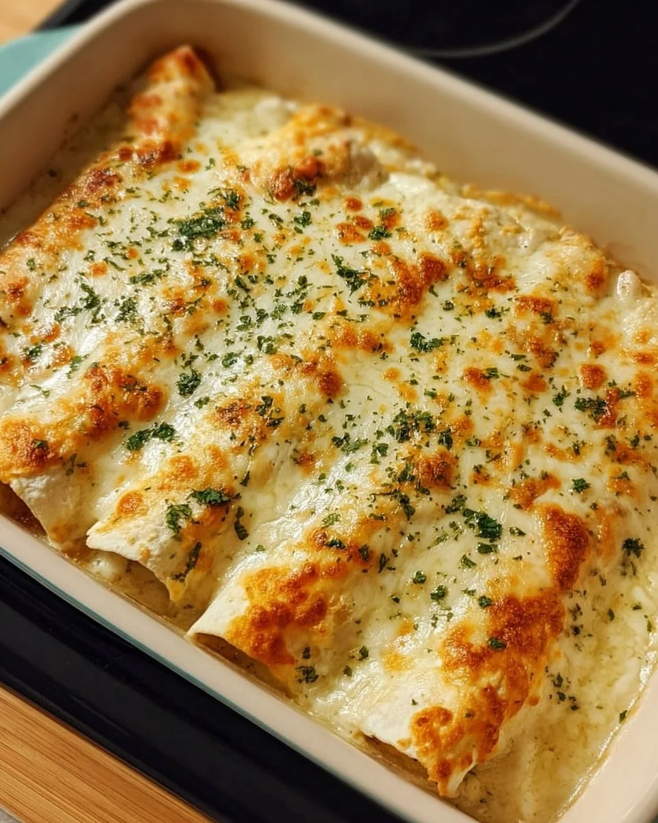 Delicious chicken enchiladas topped with creamy white sauce