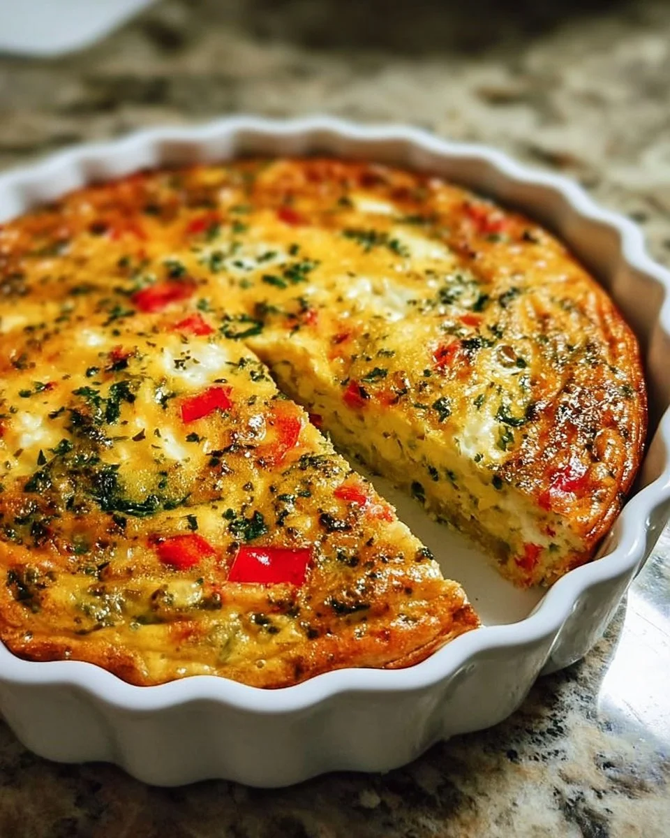 Simple crustless veggie quiche with colorful vegetables on a plate