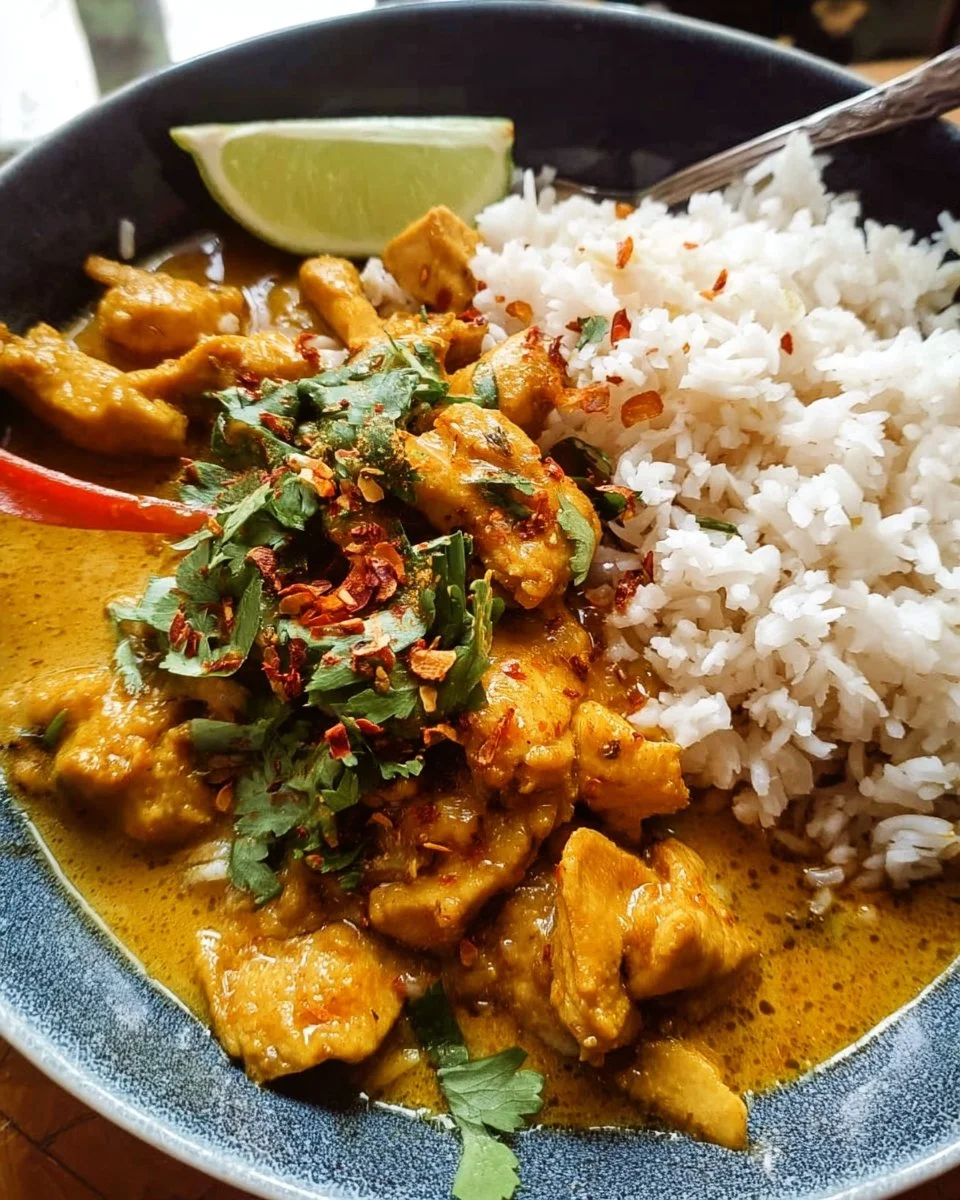 Bowl of Simple Thai Yellow Chicken Curry with Spicy Garlic Butter garnished with herbs.