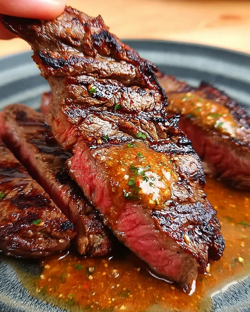 Delicious Cowboy Butter Steak sizzling on the grill with herbs and spices.