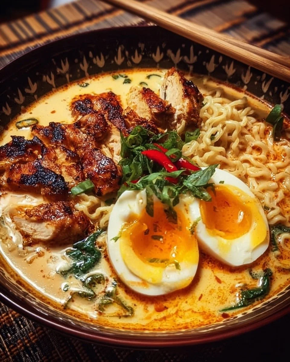 Sizzling Fiery Chicken Ramen with Creamy Garlic Sauce served in a bowl