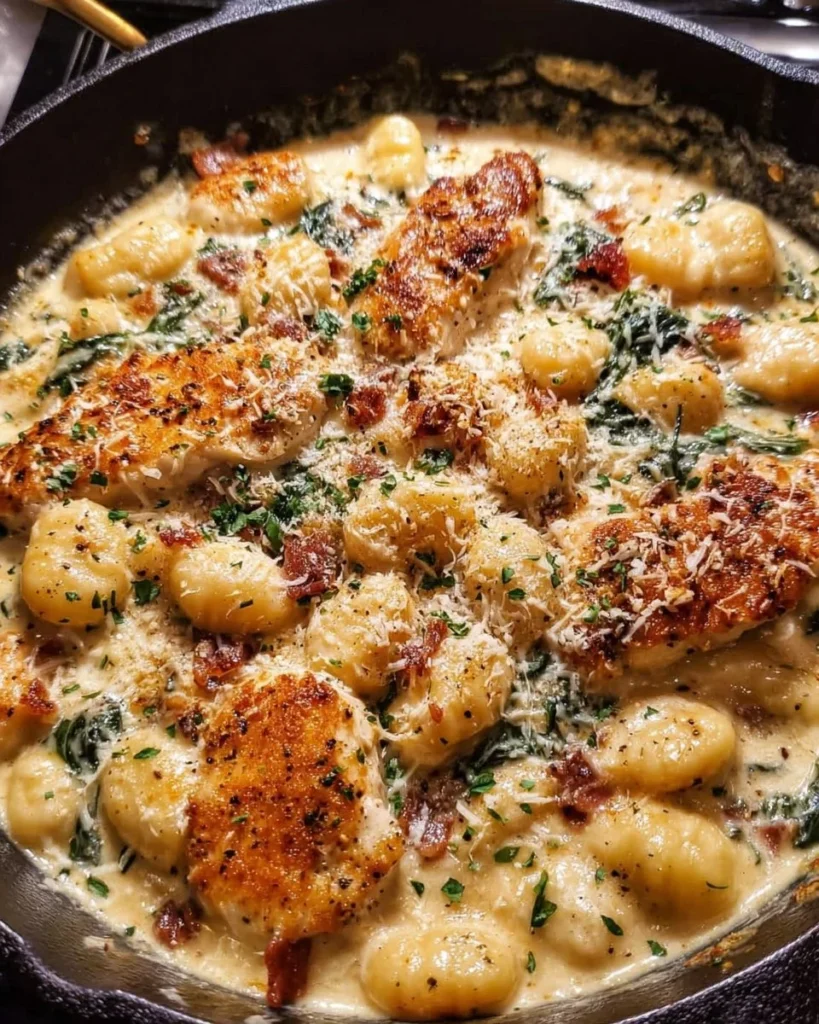 Skillet Creamy Chicken and Parmesan Gnocchi served in a bowl