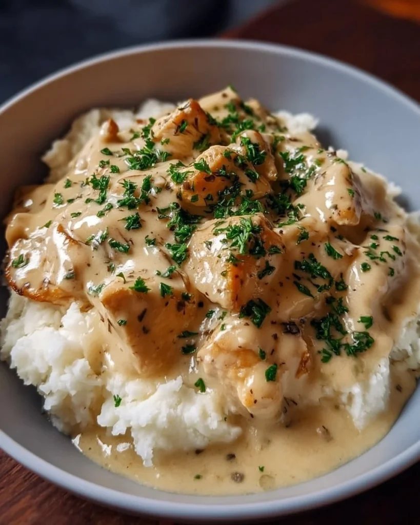 Slow cooker creamy chicken served with rich gravy and herbs.
