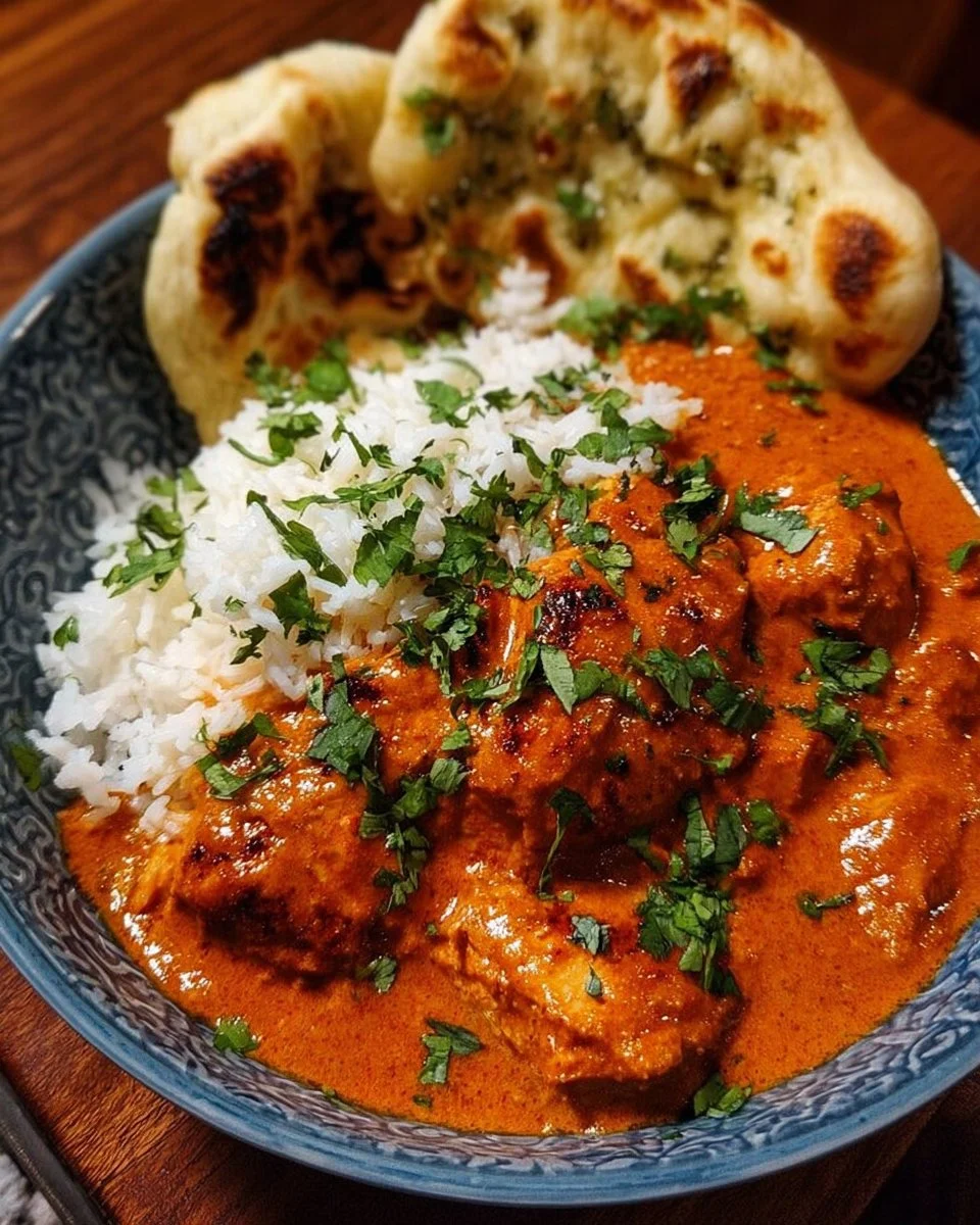 Slow cooker Indian butter chicken served with rice and naan