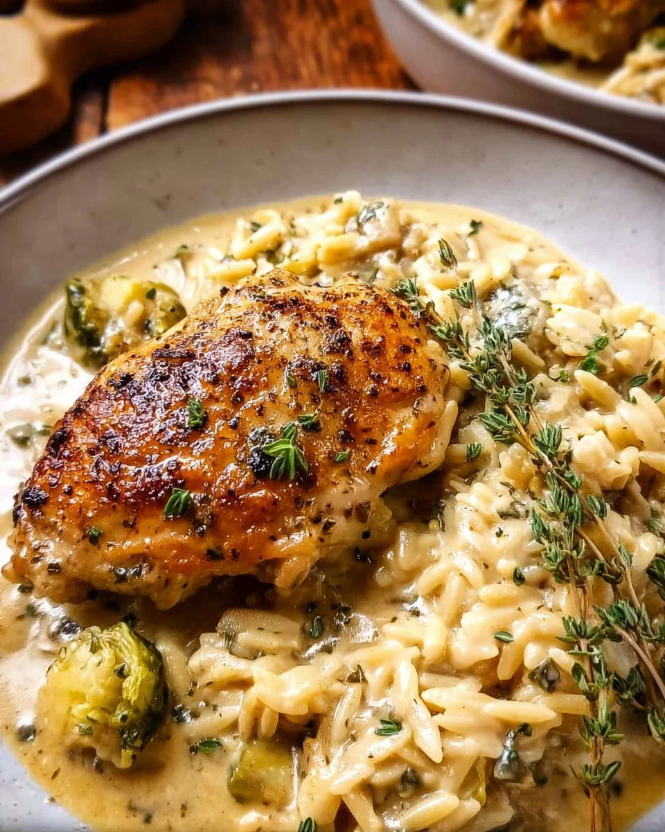 Slow Cooker Mustard Herb Chicken served with creamy orzo on a plate.