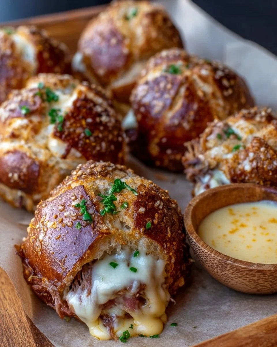 Smoked Halal brisket pretzel bombs with creamy cheese sauce ready to serve.