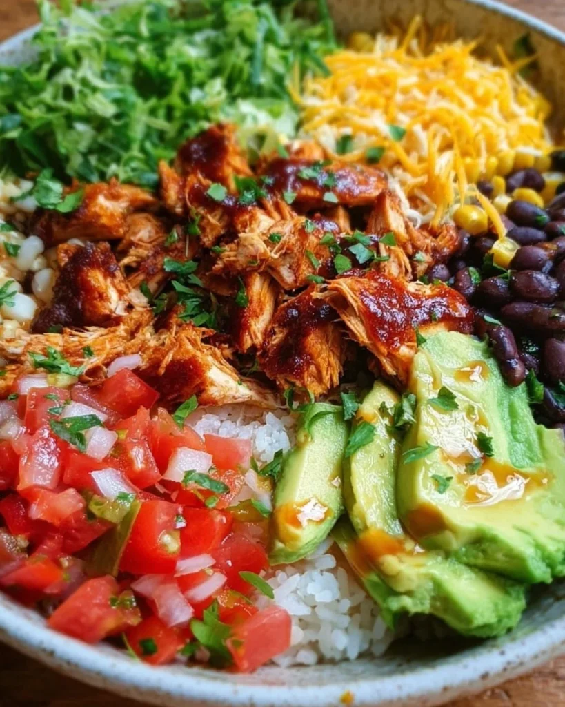 Smoky BBQ Chicken Burrito Bowl featuring grilled chicken and fresh toppings
