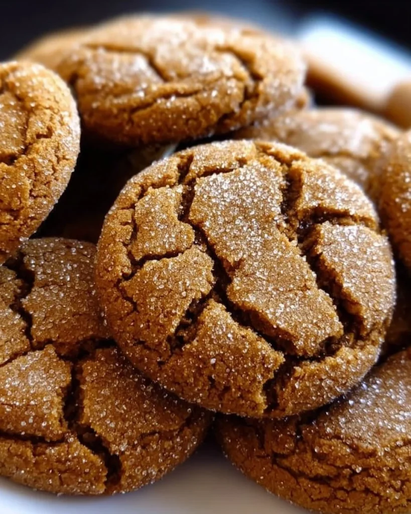Freshly baked soft and chewy molasses cookies on a wooden plate