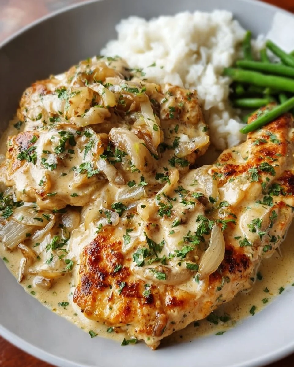 Sour cream and onion chicken dish served on a plate with herbs