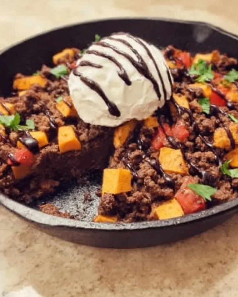 Southwest Ground Beef and Sweet Potato Skillet in a skillet dish