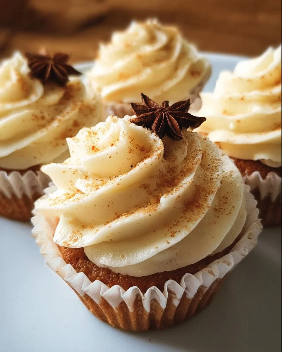 Delicious spice cupcakes with cream cheese frosting on a rustic wooden table