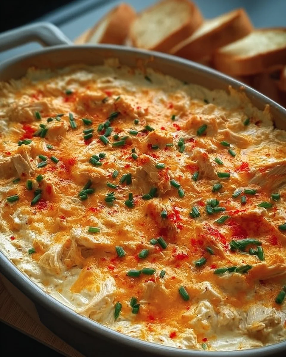 Delicious Spicy Creamy Chicken Dip served in a bowl with tortilla chips
