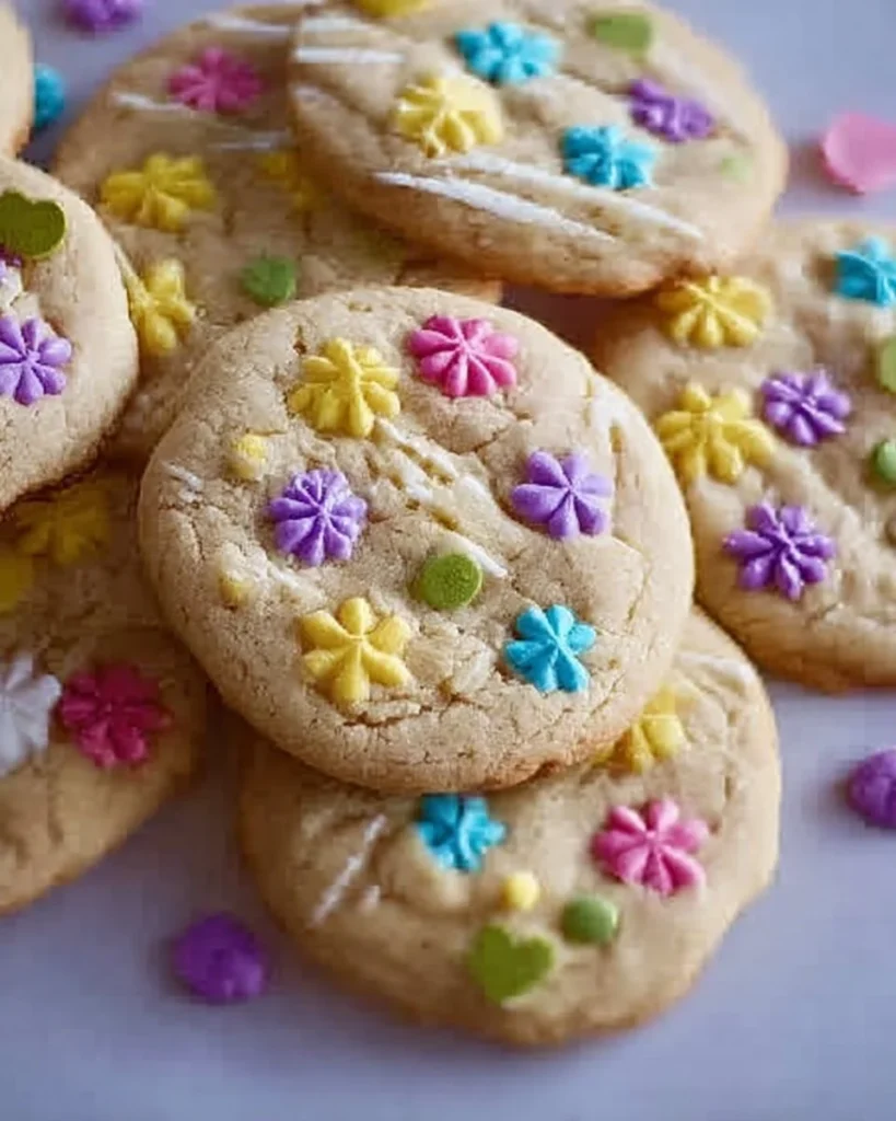 Colorful Spring Sugar Cookies decorated with pastel icing and sprinkles
