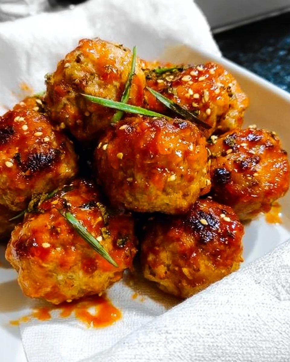 Spicy Sriracha Chicken Meatballs served with dipping sauce