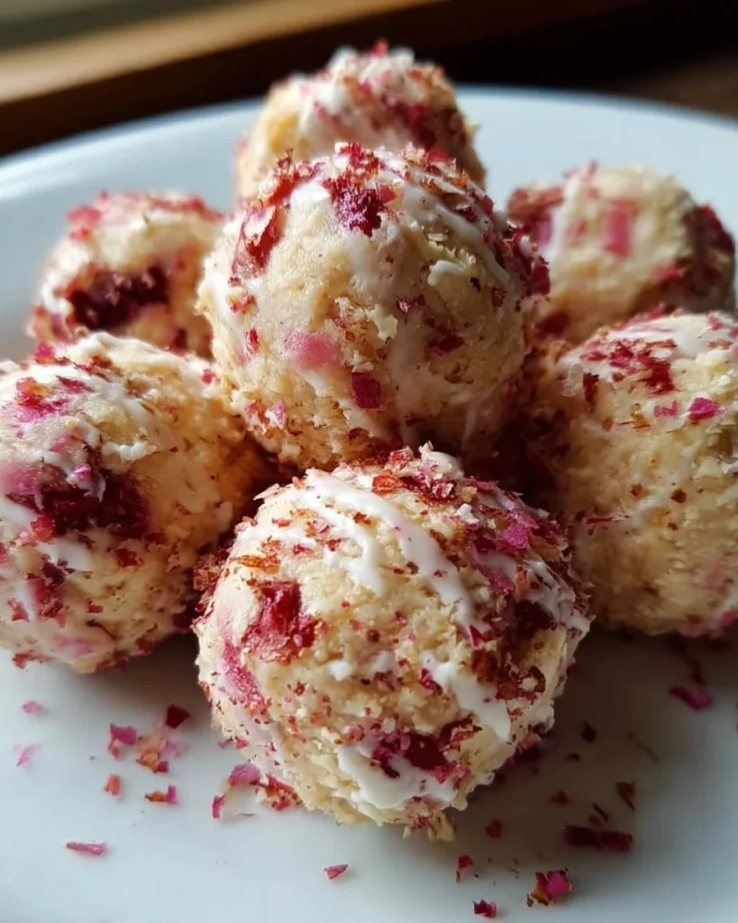 Strawberry cheesecake protein balls on a white plate