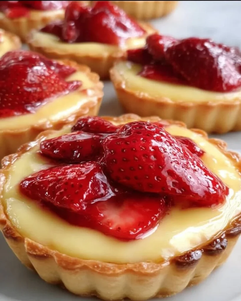 Delicious strawberry custard tarts topped with fresh strawberries.