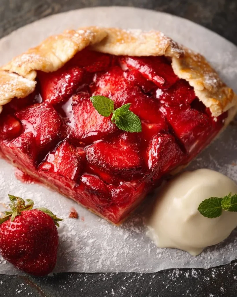 Freshly baked strawberry galette with flaky crust and vibrant red strawberries