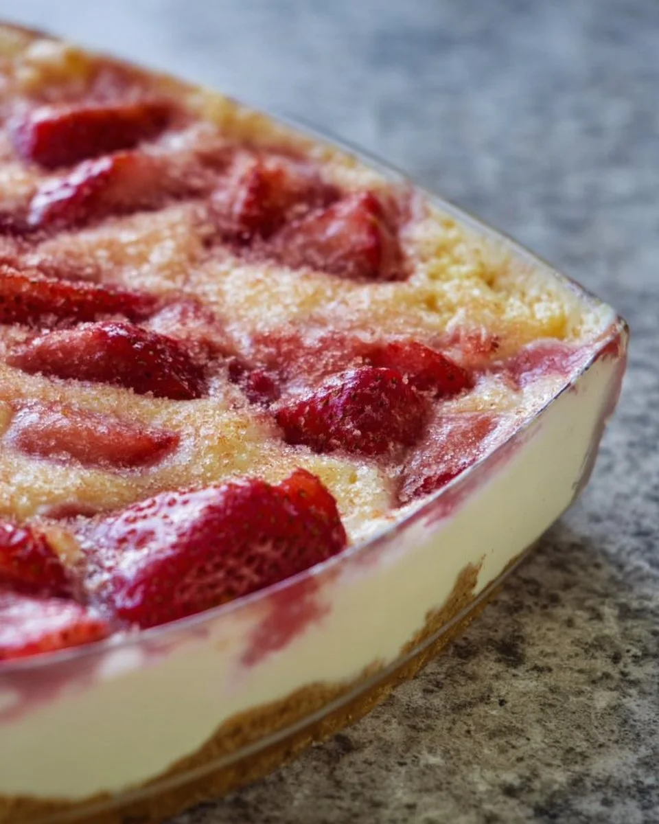 Delicious strawberry rhubarb pudding dessert served in a beautiful dish.