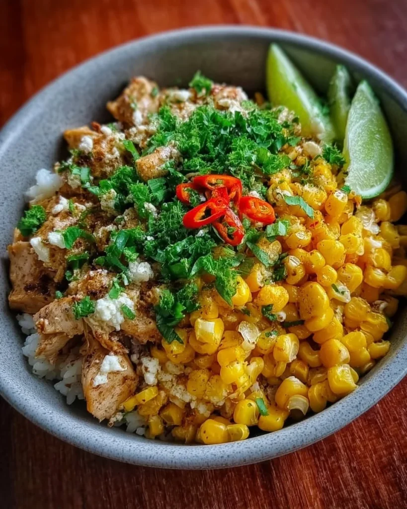 Delicious Street Corn Chicken Rice Bowl topped with fresh ingredients