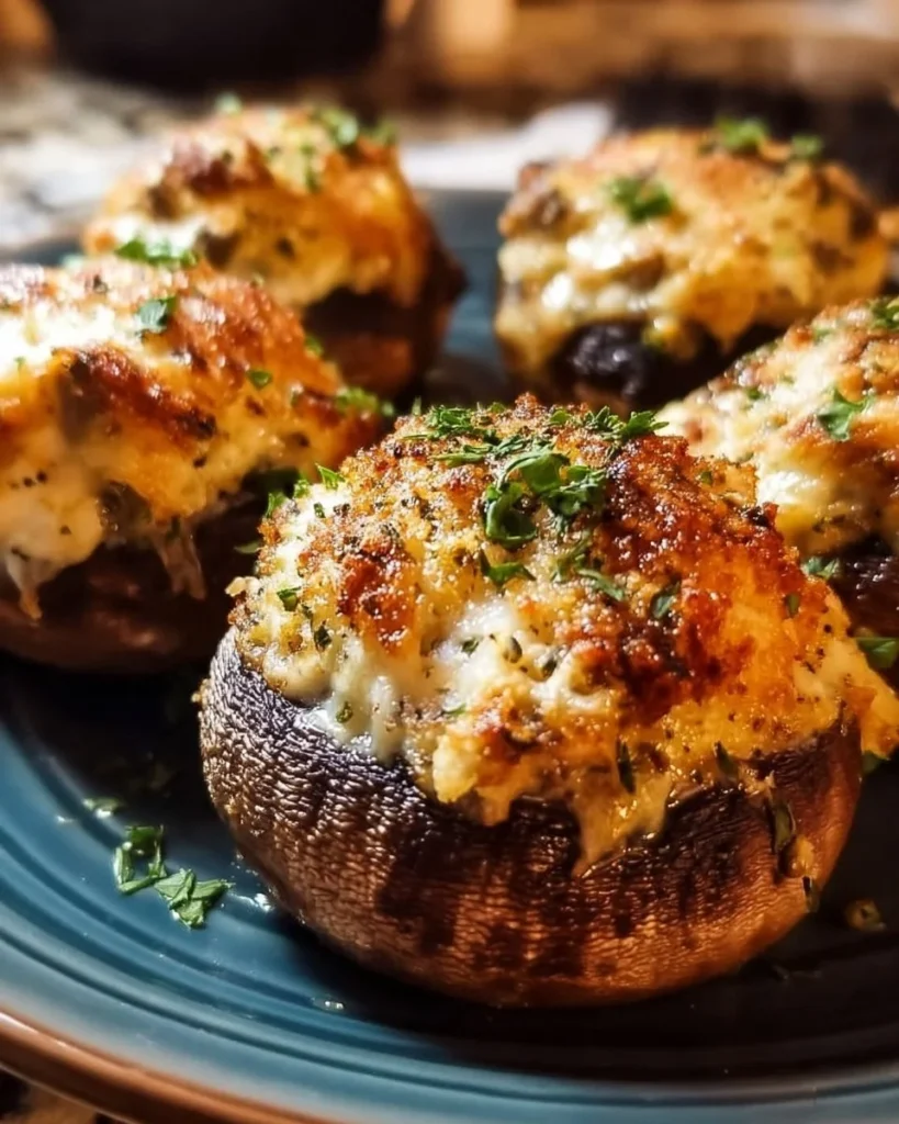 Savory stuffed mushrooms with flavorful filling ready to be served as appetizers.
