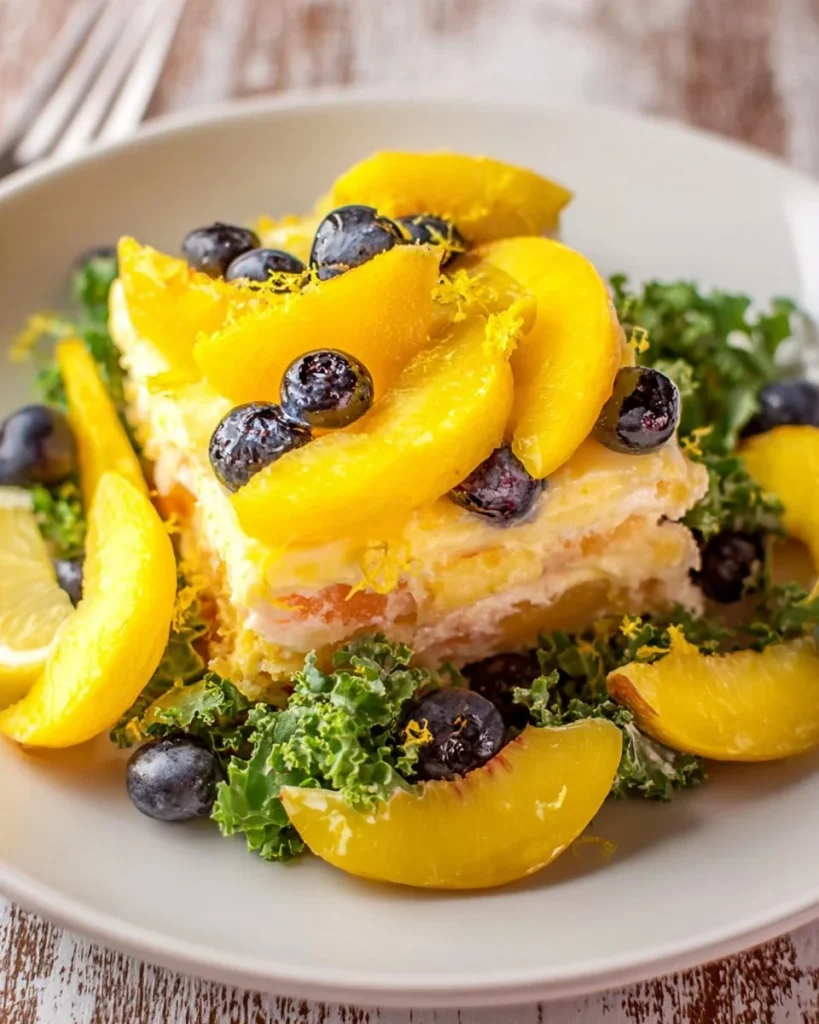 Fresh Summer Peach Blueberry Kale Salad with vibrant colors and healthy ingredients.