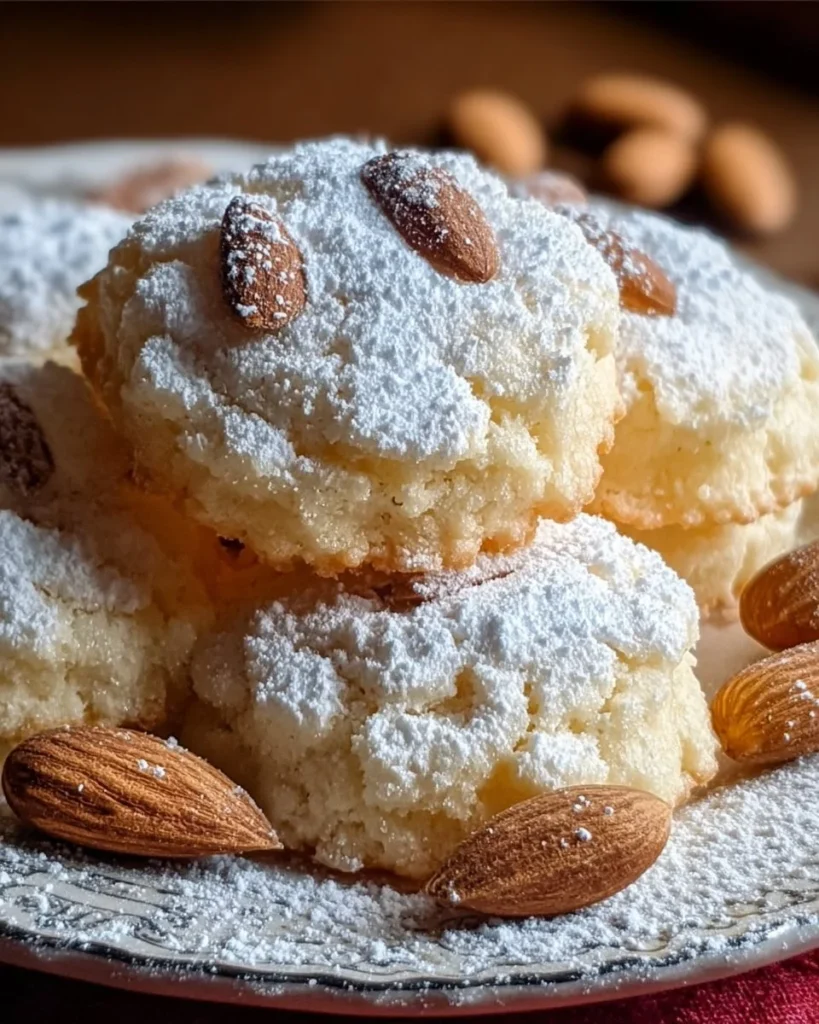 Sweet Italian almond ricotta cookies on a plate with almonds