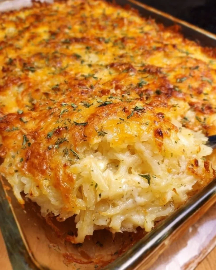 Delicious Hashbrown Casserole baked to golden perfection
