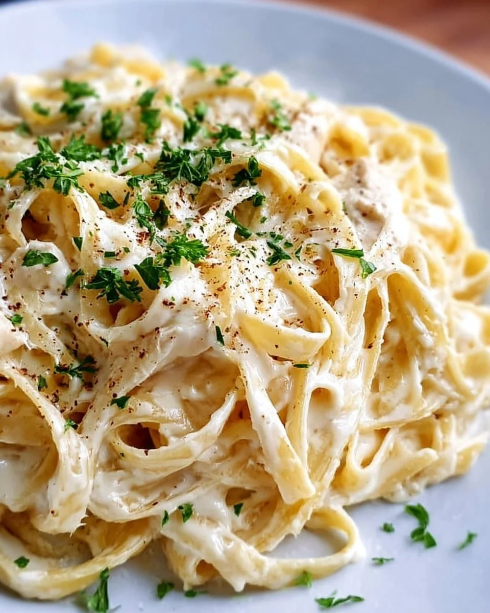 Creamy homemade fettuccine alfredo served with parsley garnish
