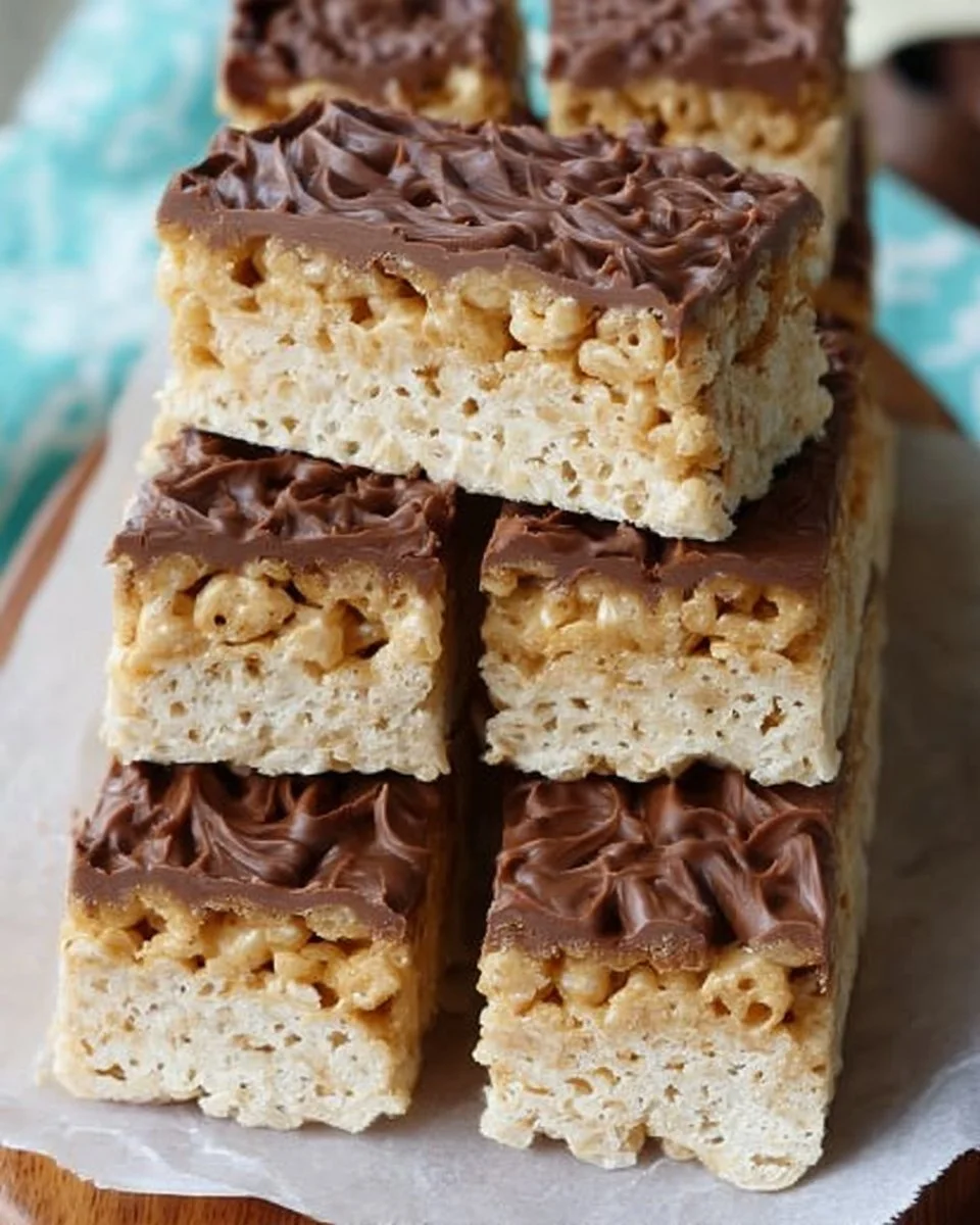 Delicious homemade Peanut Butter Rice Krispie Treats stacked on a plate.