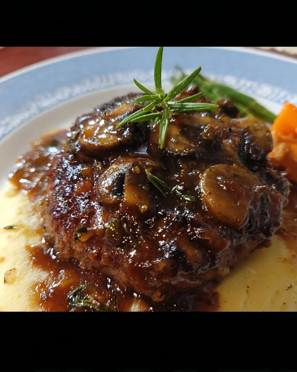 Delicious homemade Salisbury Steak served with gravy and mashed potatoes.