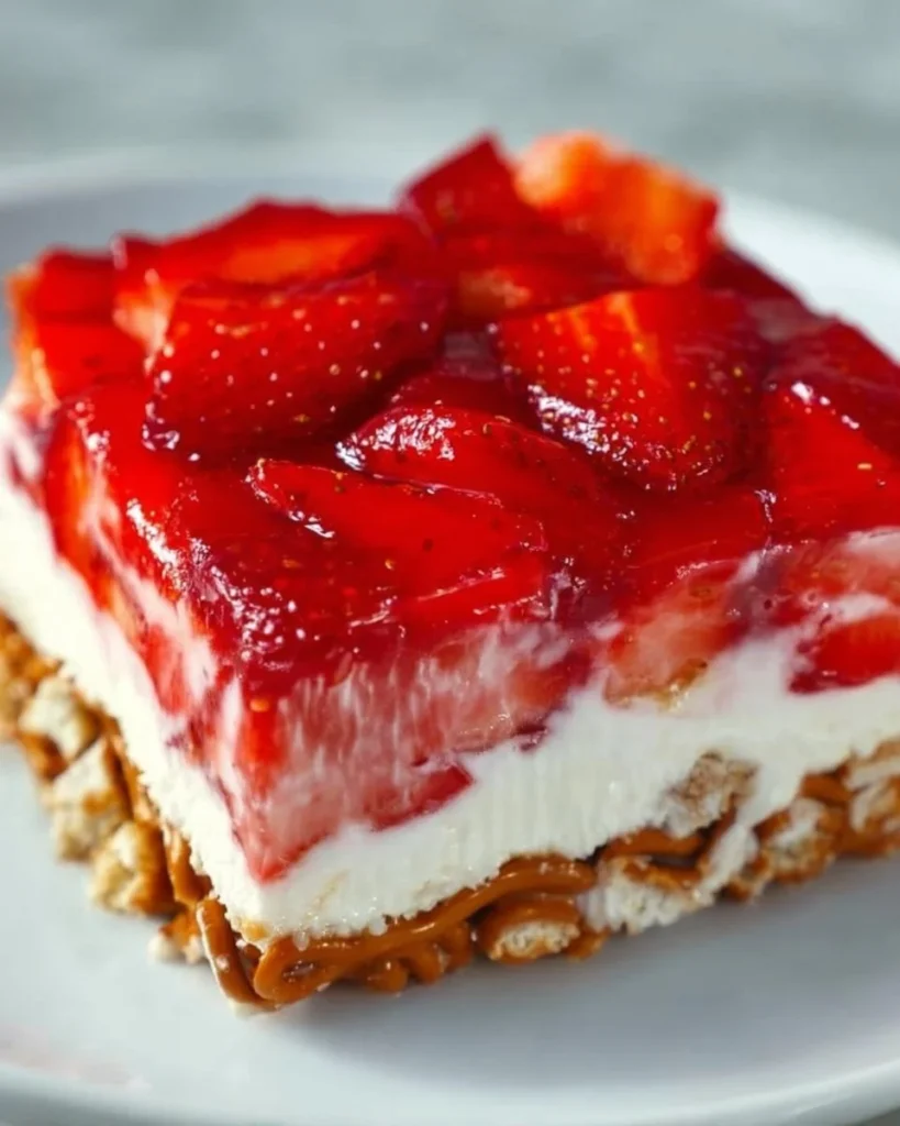 Delicious strawberry pretzel salad served in a bowl with fresh strawberries.