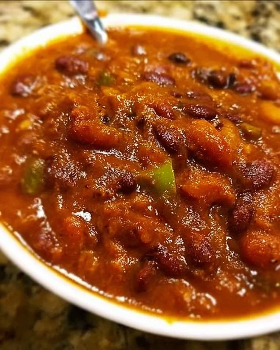 Delicious bowl of three bean chili topped with fresh herbs and spices