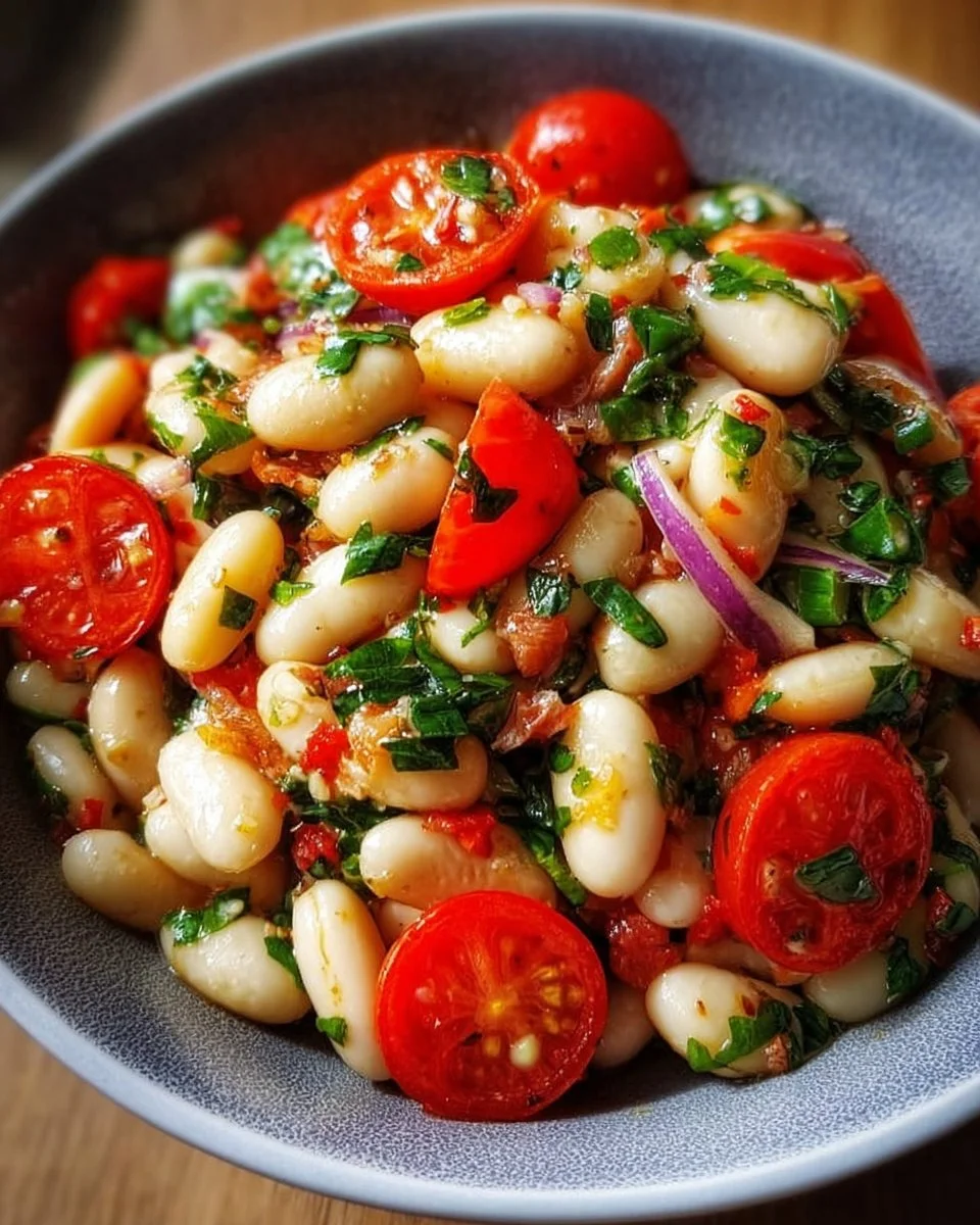 Delicious Turkish White Bean Salad served in a bowl