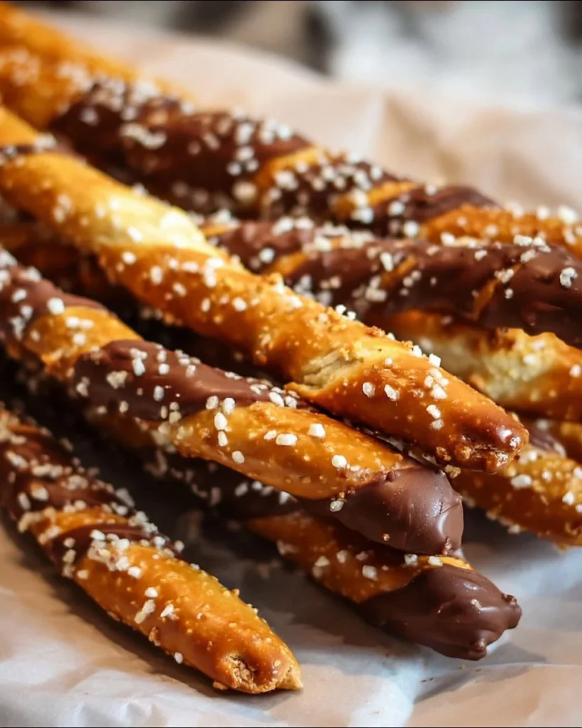Turtle pretzel rods drizzled with chocolate and caramel, topped with pecans.