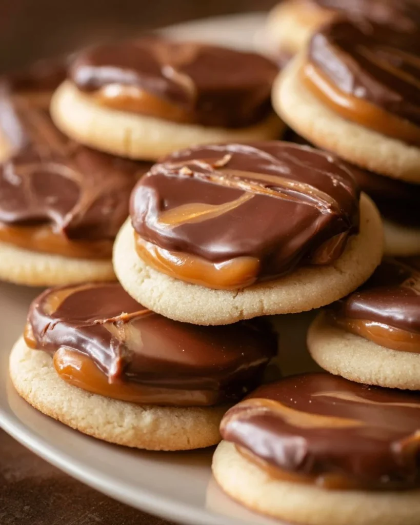 Delicious homemade Twix cookies with chocolate, caramel, and cookie dough.