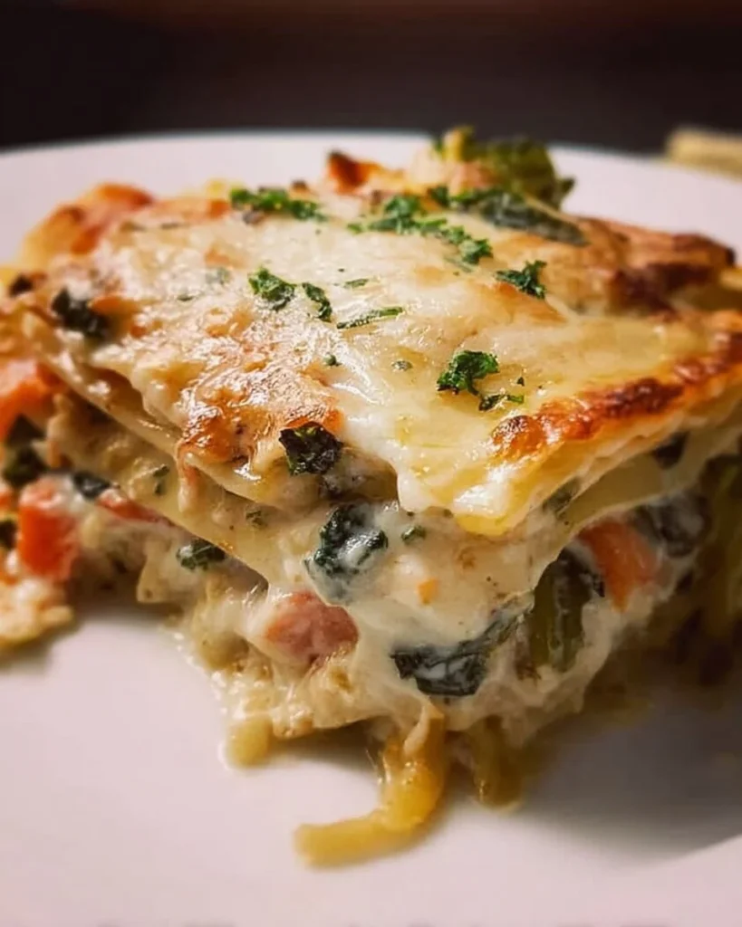 Vegetable lasagna layered with fresh vegetables and creamy white sauce