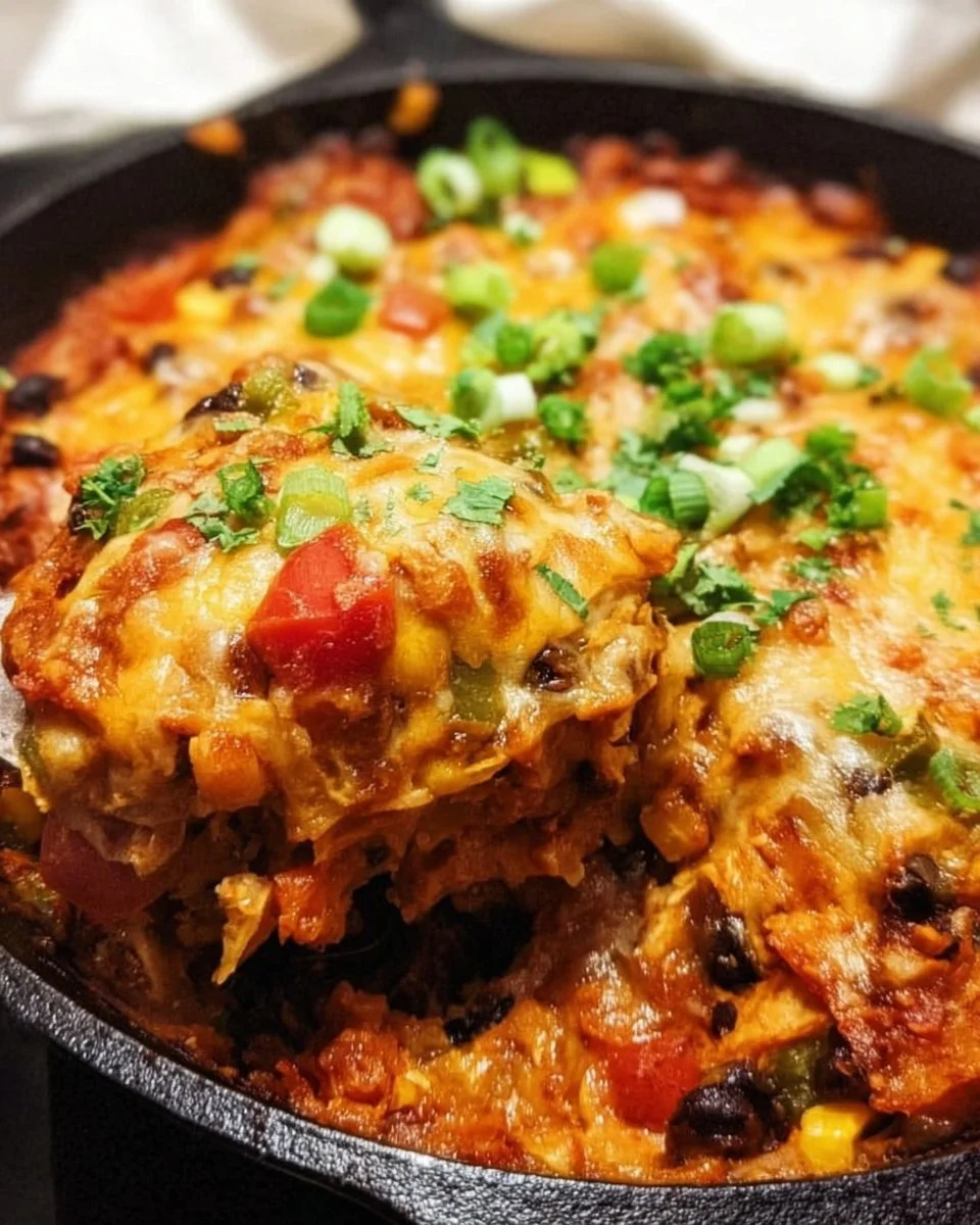 Colorful Vegetarian Enchilada Skillet with fresh vegetables and enchilada sauce