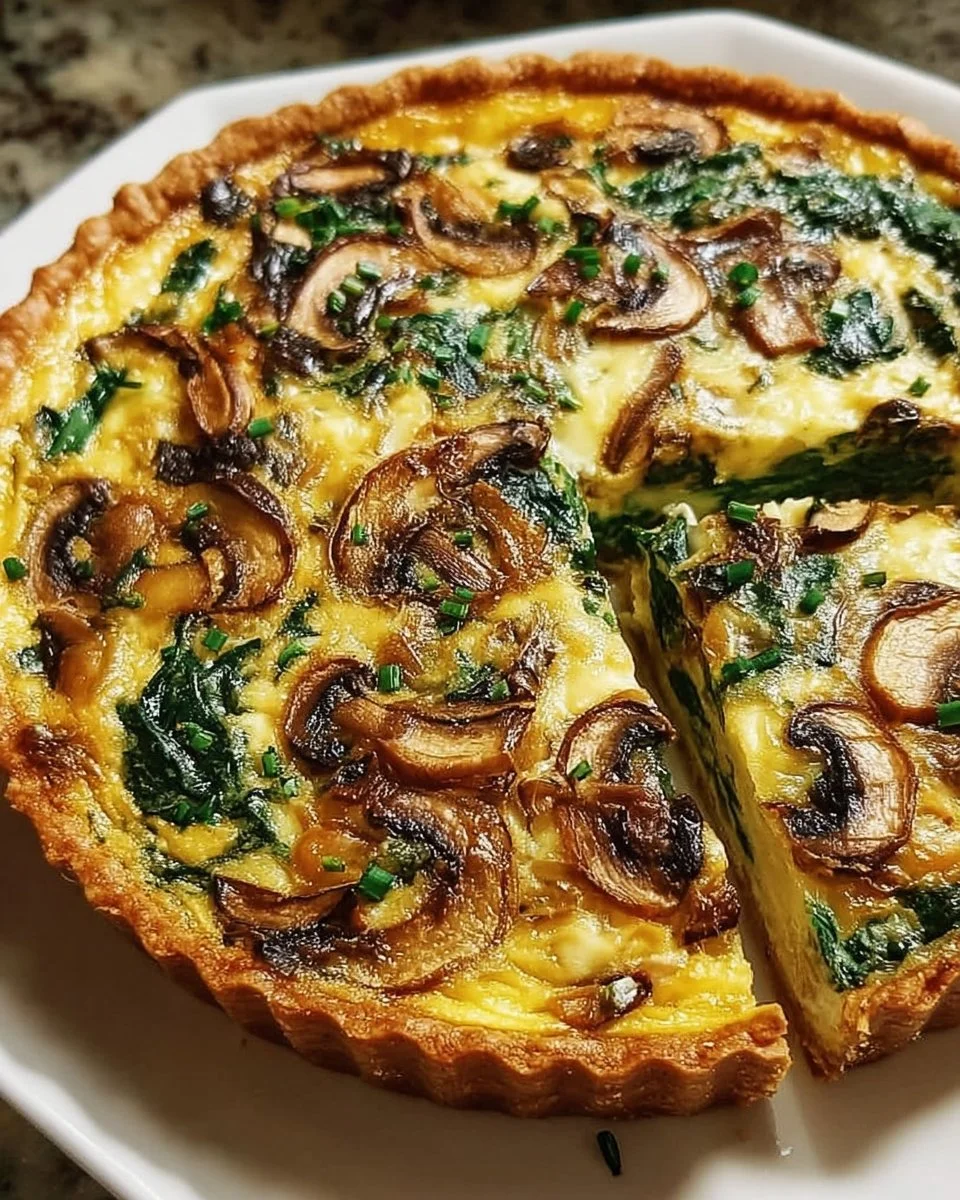 Delicious vegetarian spinach mushroom quiche served on a plate.