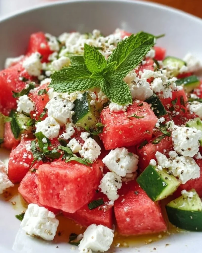 A vibrant watermelon salad with feta cheese, mint, and lime dressing.