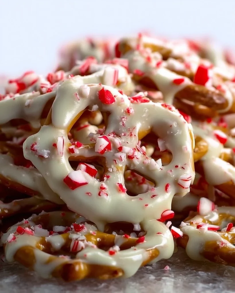 Bowl of white chocolate peppermint pretzels decorated for the holidays