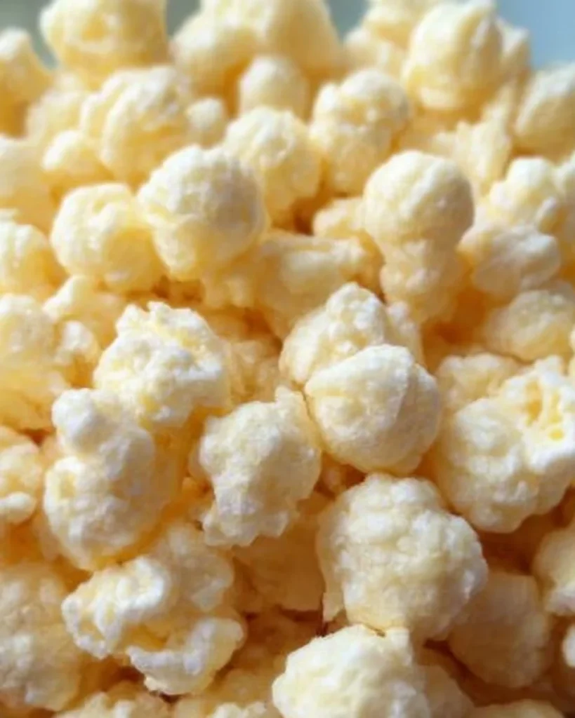 A bowl of white chocolate puffcorn snack, perfect for gatherings.